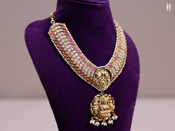 Antique Design With Pink And Crystal Stone Silver Necklace