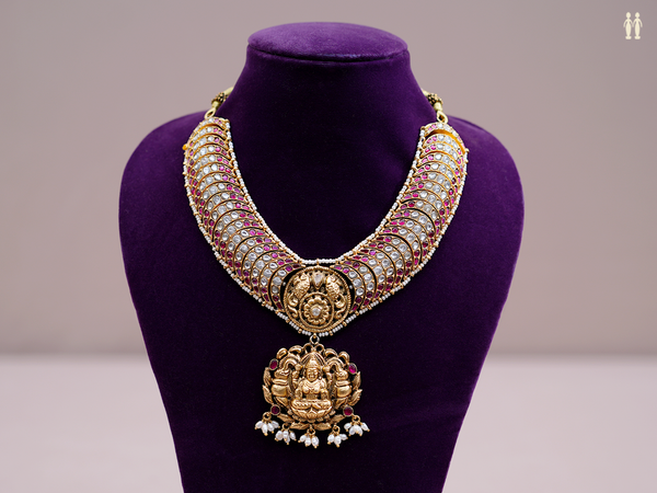 Antique Design With Pink And Crystal Stone Silver Necklace