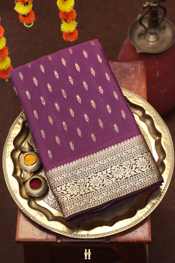 Mysore Silk Saree In Plum Purple With Zari Buttas