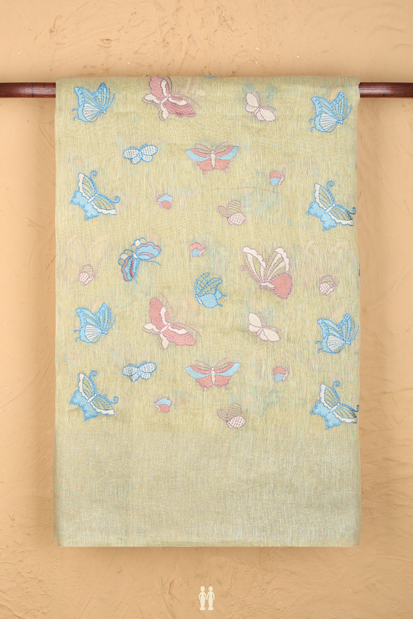 Linen Saree In Moss Green With Butterfly Design