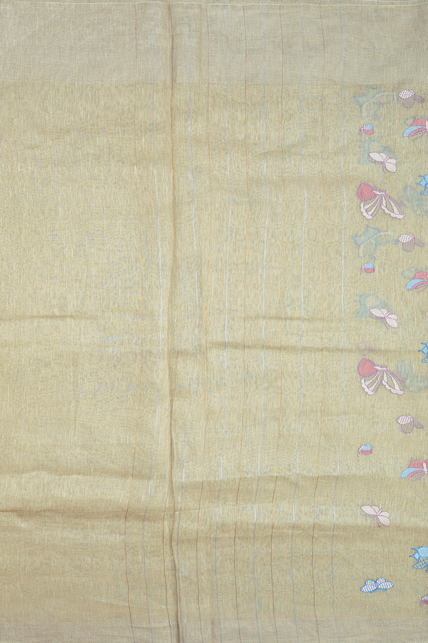 Linen Saree In Moss Green With Butterfly Design