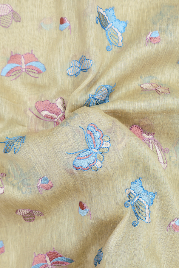 Linen Saree In Moss Green With Butterfly Design