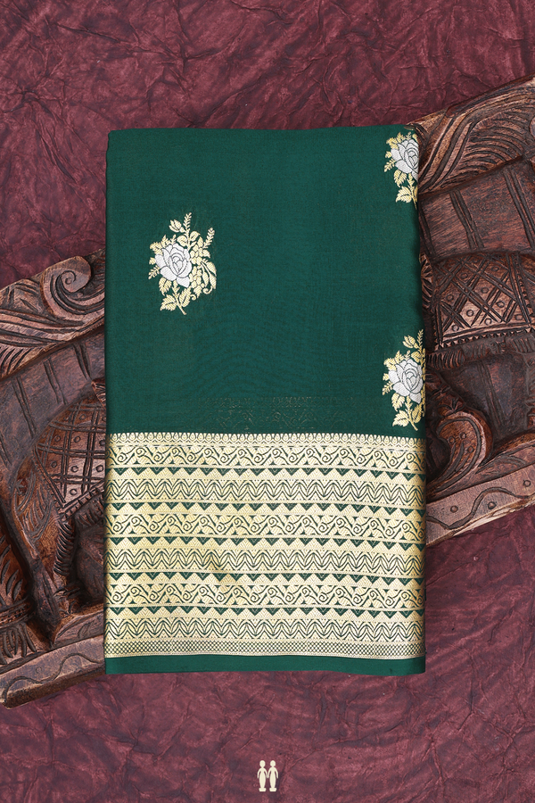 Mysore Silk Saree In Forest Green With Floral Buttas