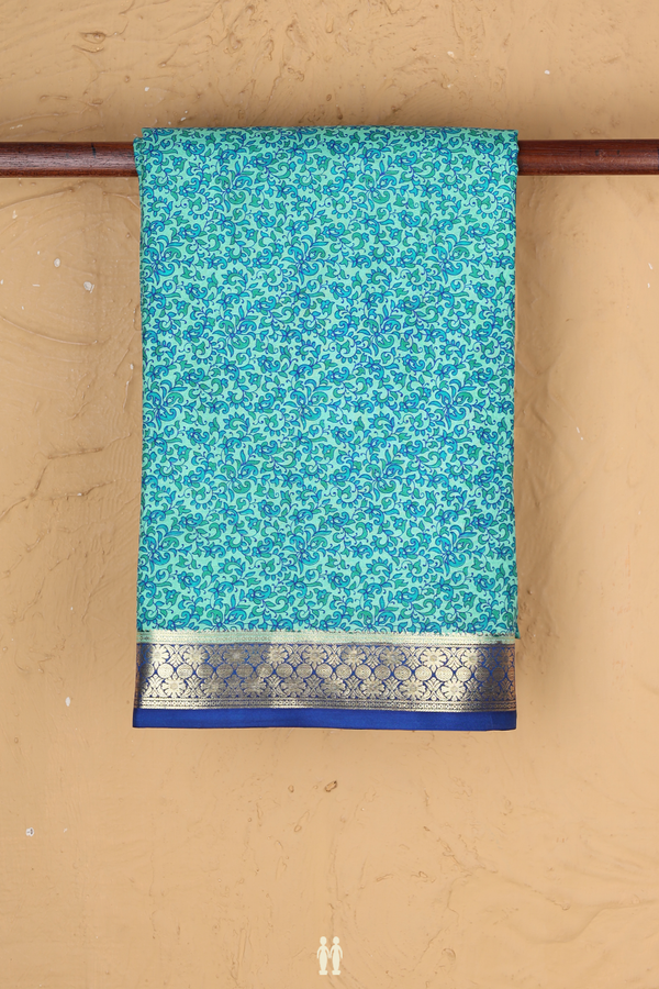 Printed Silk Saree In Mint Green With Floral Design