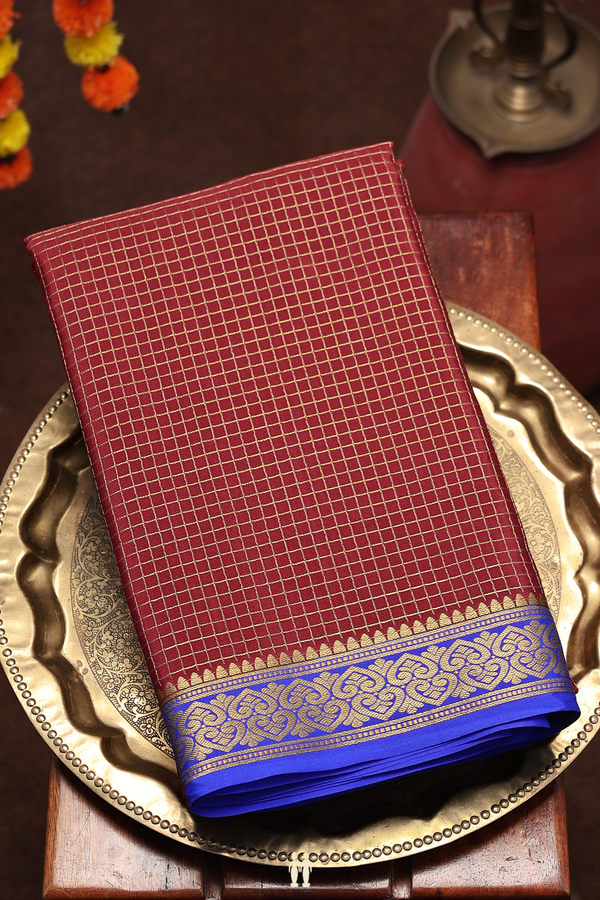 Mysore Silk Saree In Maroon With Checks Design