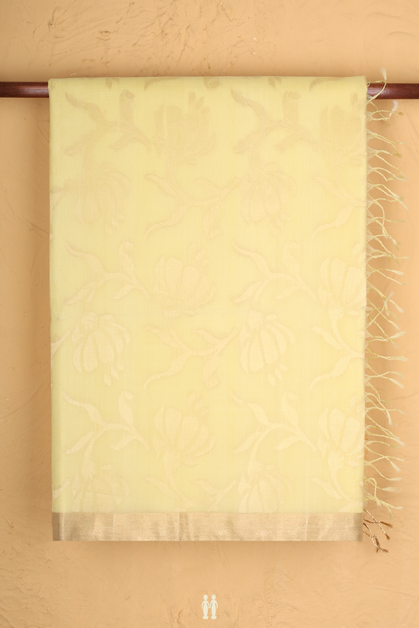 Soft Silk Saree In Pastel Yellow With Floral Design