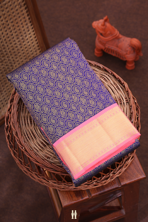 Kanchipuram Silk Saree In Blue With Paisley And Peacock Design