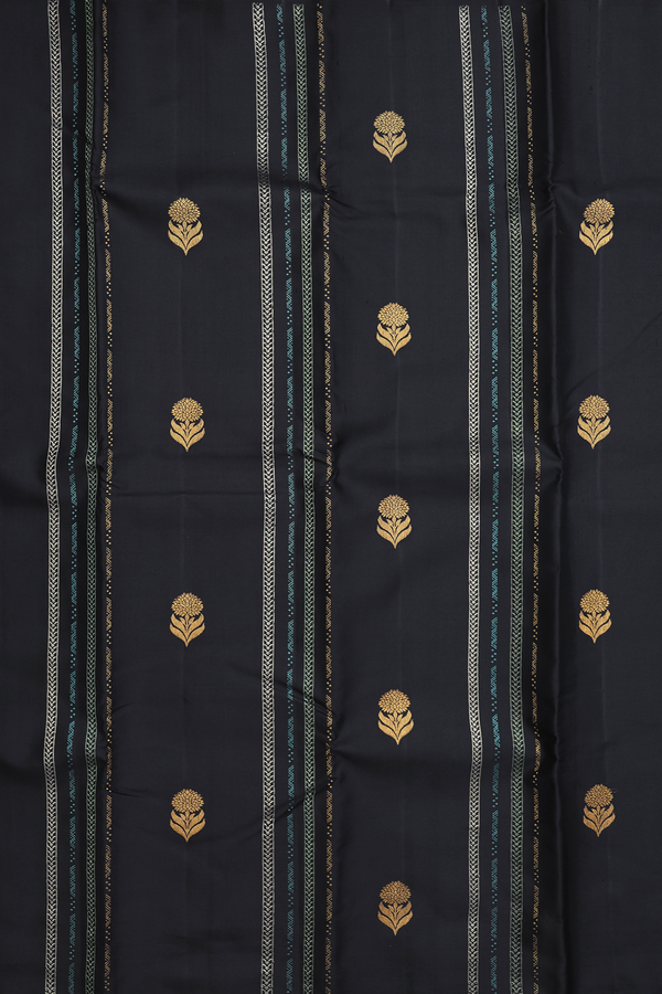 Kanchipuram Silk Saree In Black With Stripes Along Buttas