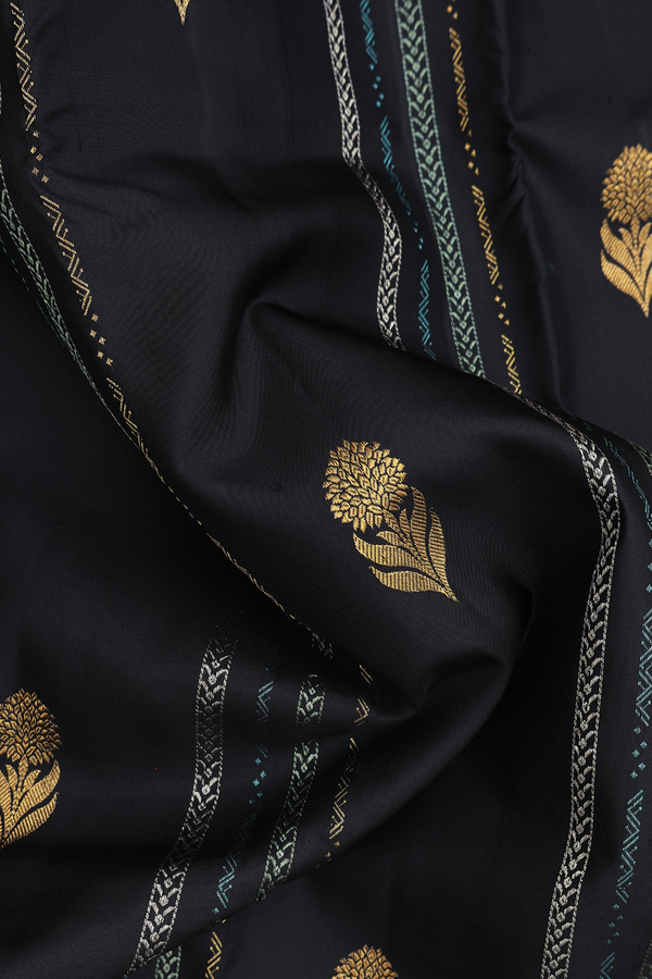Kanchipuram Silk Saree In Black With Stripes Along Buttas