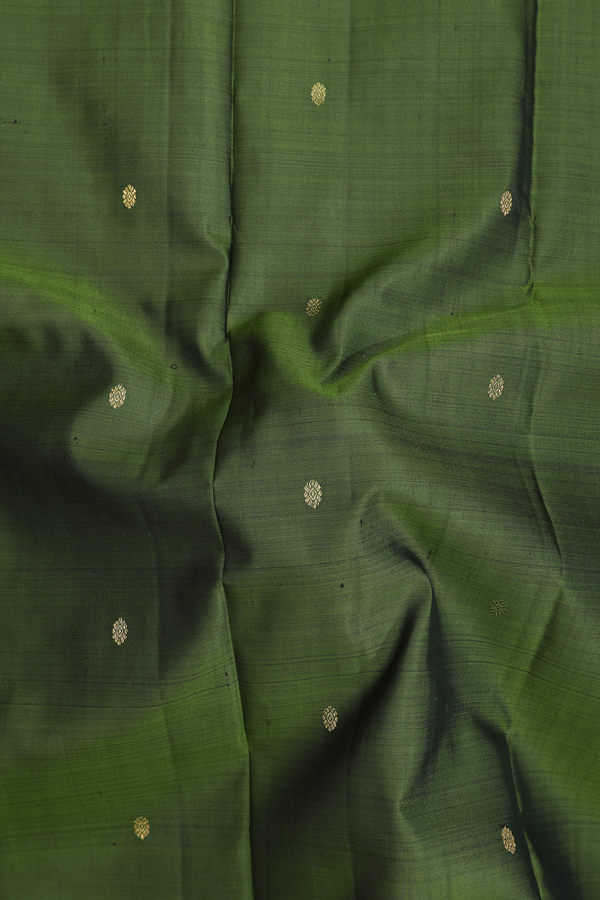 Kanchipuram Silk Saree In Olive Green With Floral Buttis