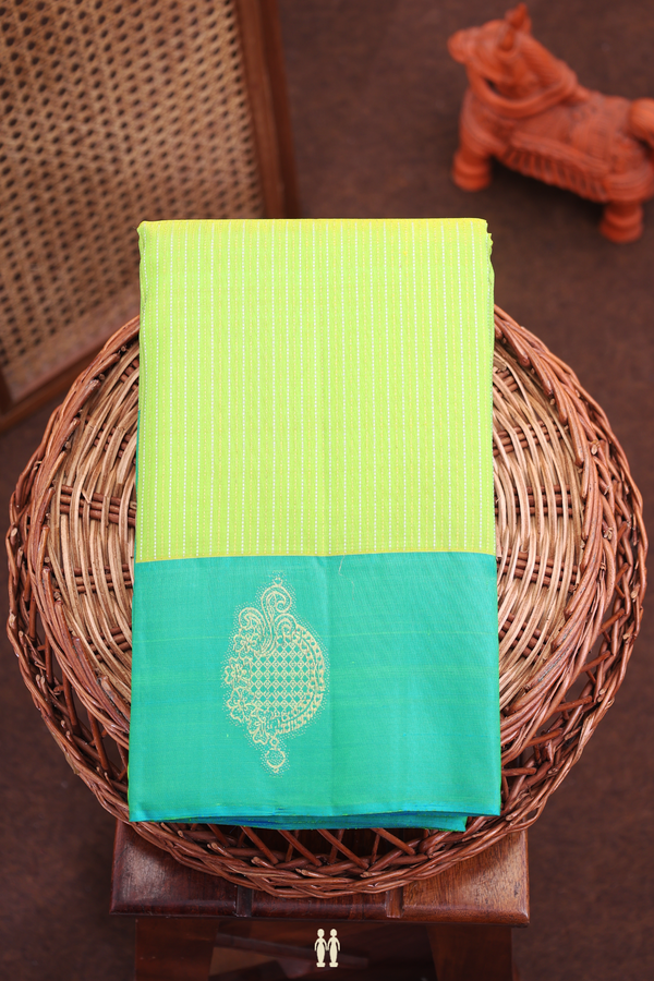 Kanchipuram Silk Saree In Lime Green With Stripes Design