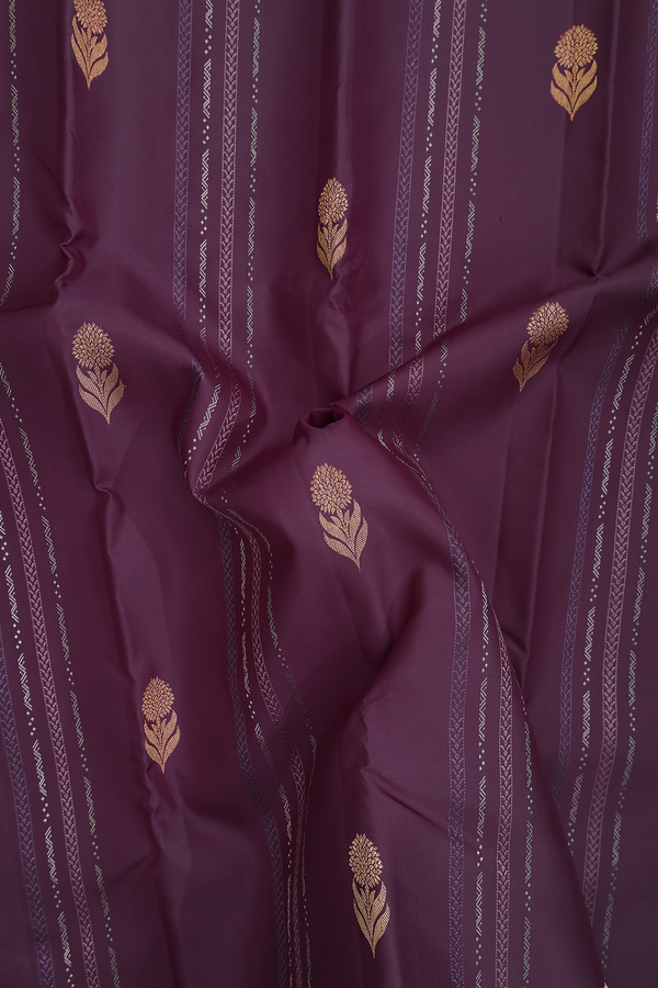 Kanchipuram Silk Saree Plum Purple Along Stripes With Buttas
