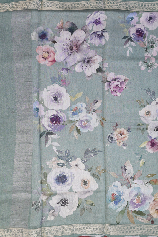 Chanderi Silk Cotton Saree In Dusty Green With Floral Design