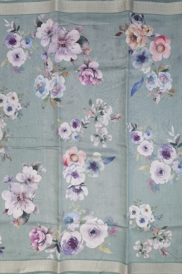 Chanderi Silk Cotton Saree In Dusty Green With Floral Design
