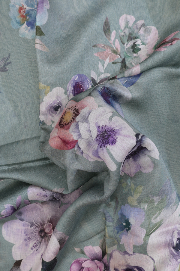 Chanderi Silk Cotton Saree In Dusty Green With Floral Design