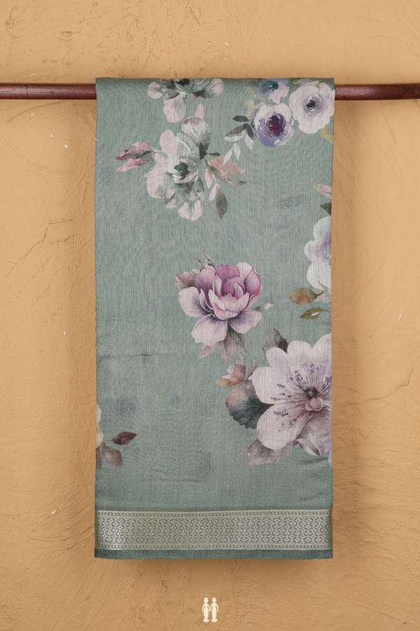 Chanderi Silk Cotton Saree In Dusty Green With Floral Design