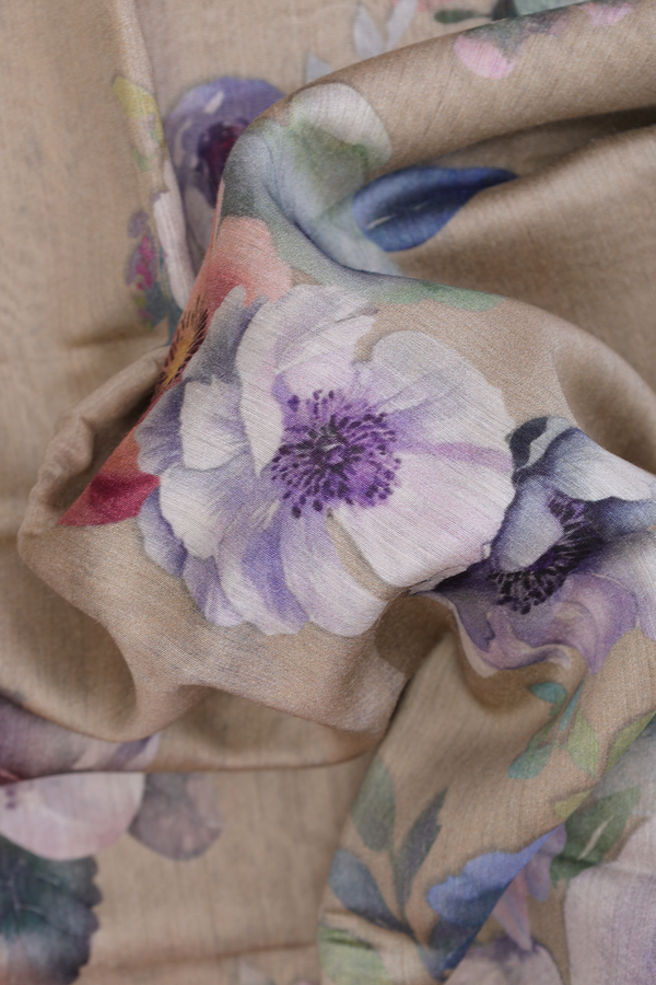 Chanderi Silk Cotton Saree In Pastel Khaki With Floral Design