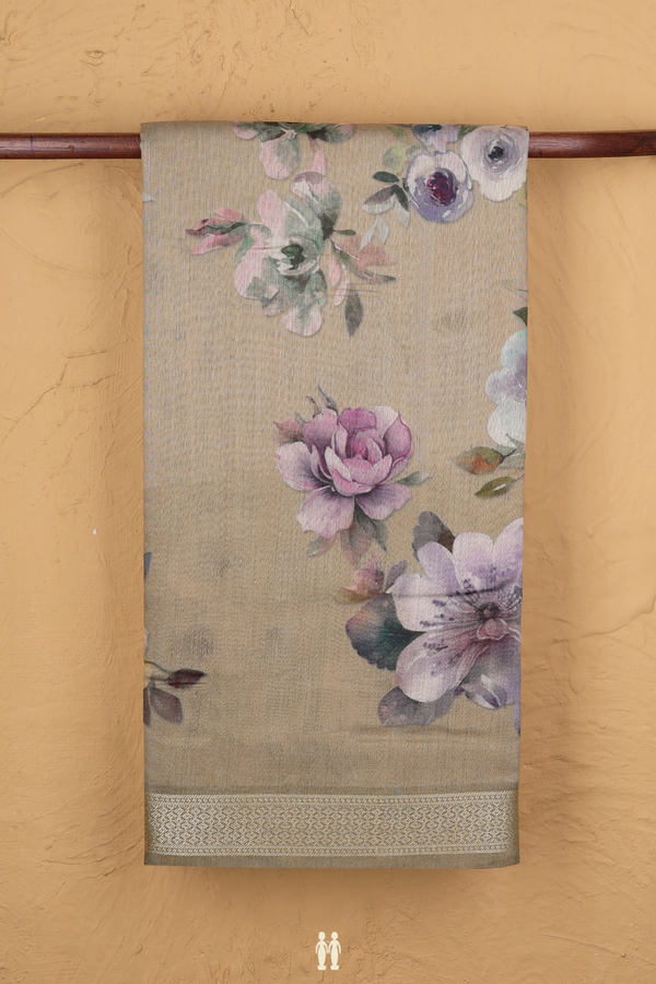Chanderi Silk Cotton Saree In Pastel Khaki With Floral Design