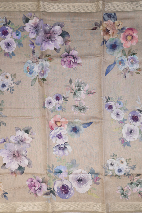 Chanderi Silk Cotton Saree In Pastel Khaki With Floral Design