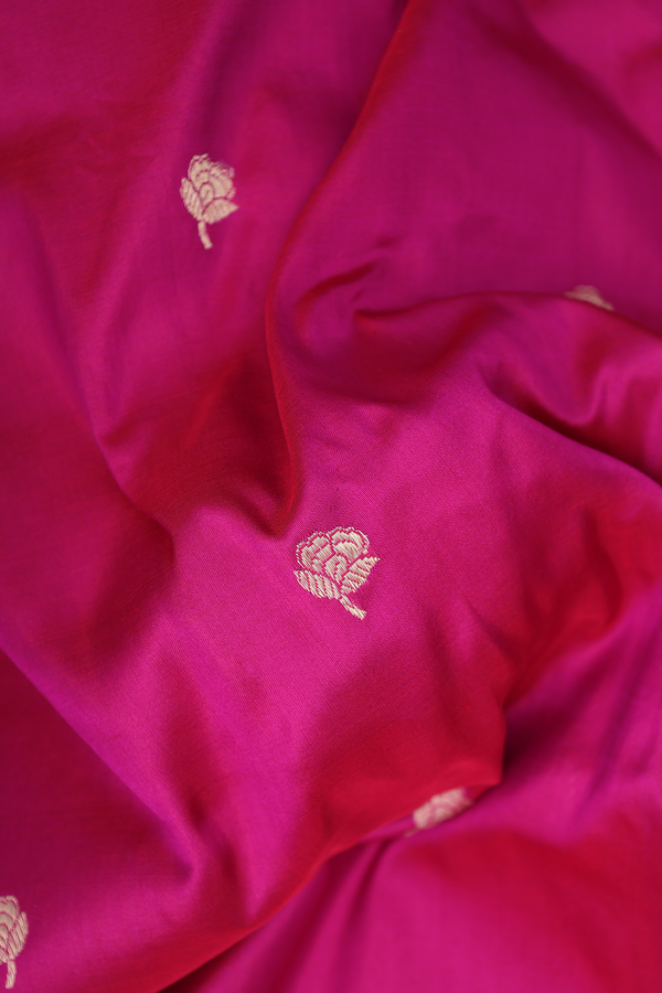 Banarasi Silk Saree In Deep Magenta With Floral Buttas