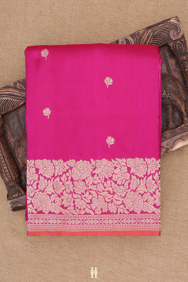 Banarasi Silk Saree In Deep Magenta With Floral Buttas