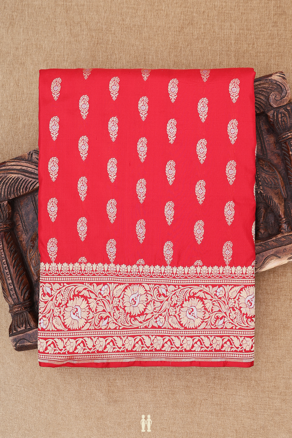 Banarasi Silk Saree In Red With Paisley Buttas