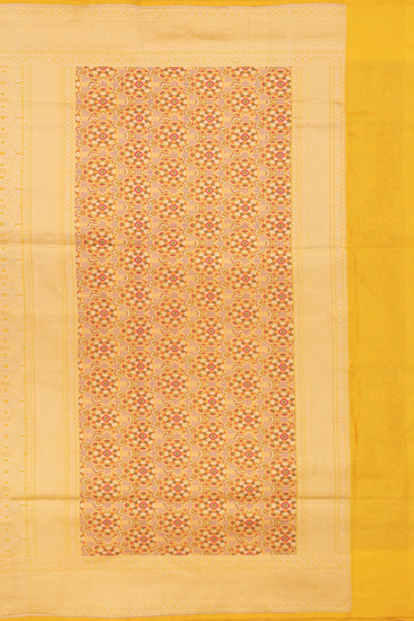 Banarasi Silk Saree In Saffron Yellow With Floral Design