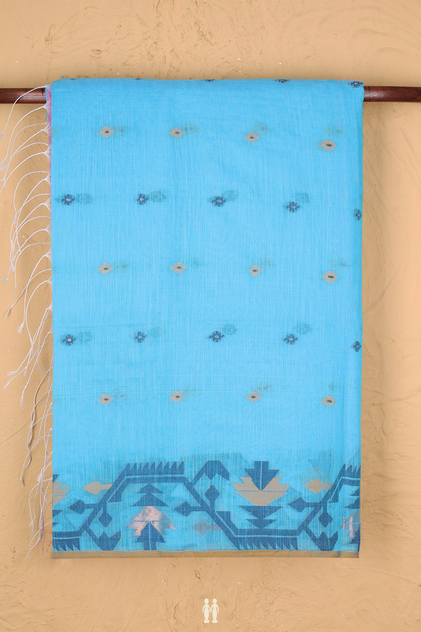 Bengal Cotton Saree In Blue With Threadwork Buttas