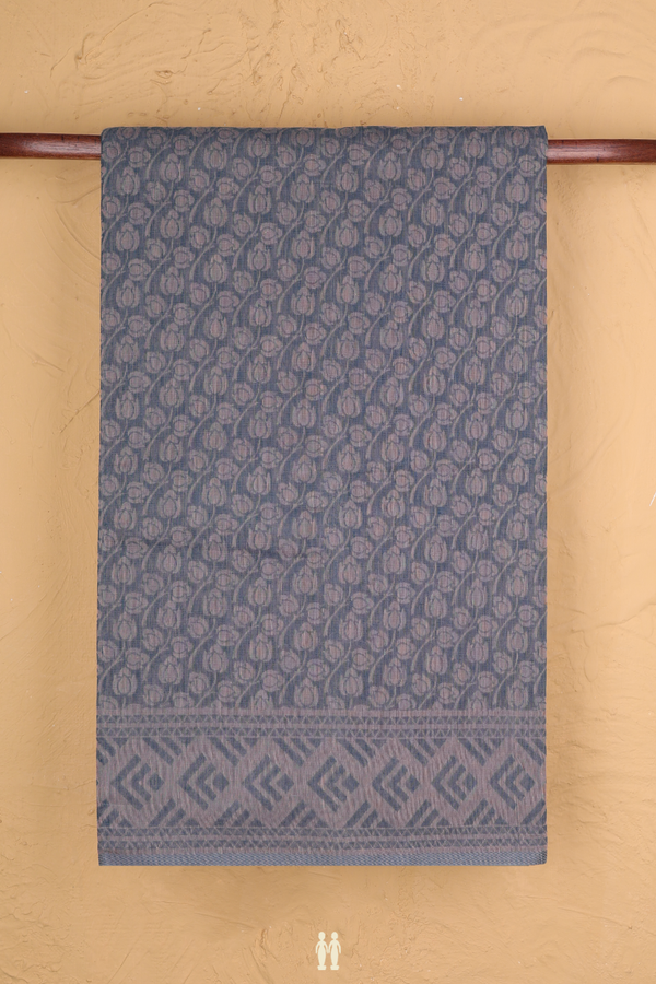 Bengal Cotton Saree In Charcoal Grey With Floral Design
