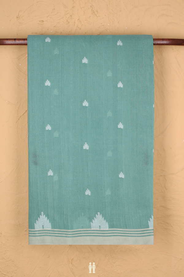 Bengal Cotton Saree In Dusty Green With Threadwork Buttas