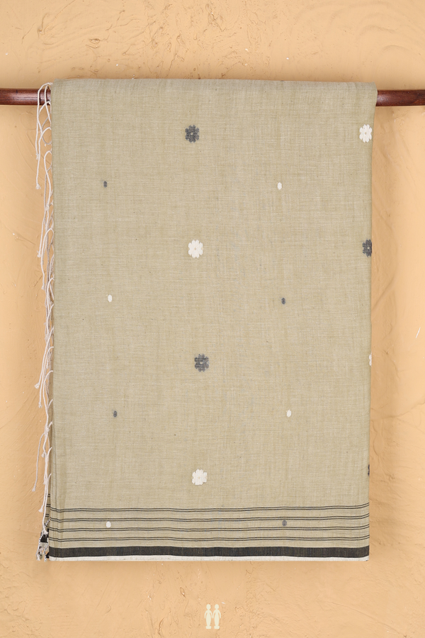 Bengal Cotton Saree In Greenish Beige With Threadwork Buttas
