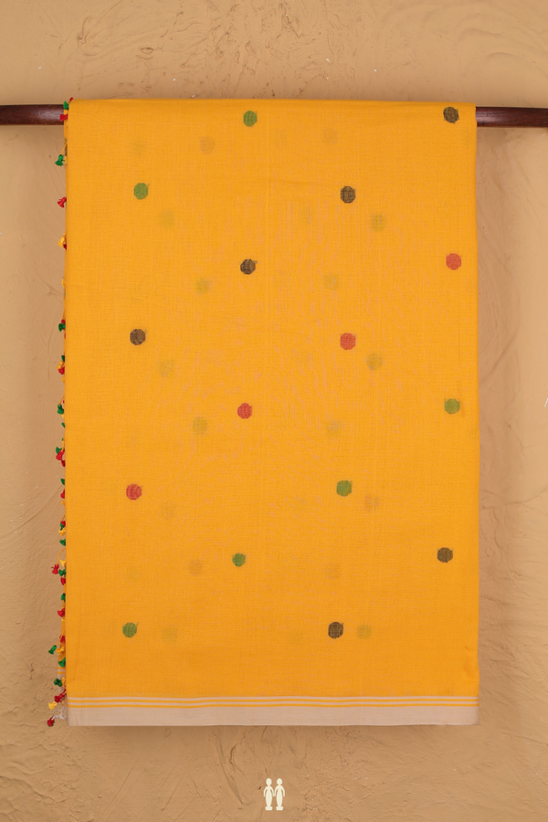 Bengal Cotton Saree In Royal Orange With Threadwork Buttas