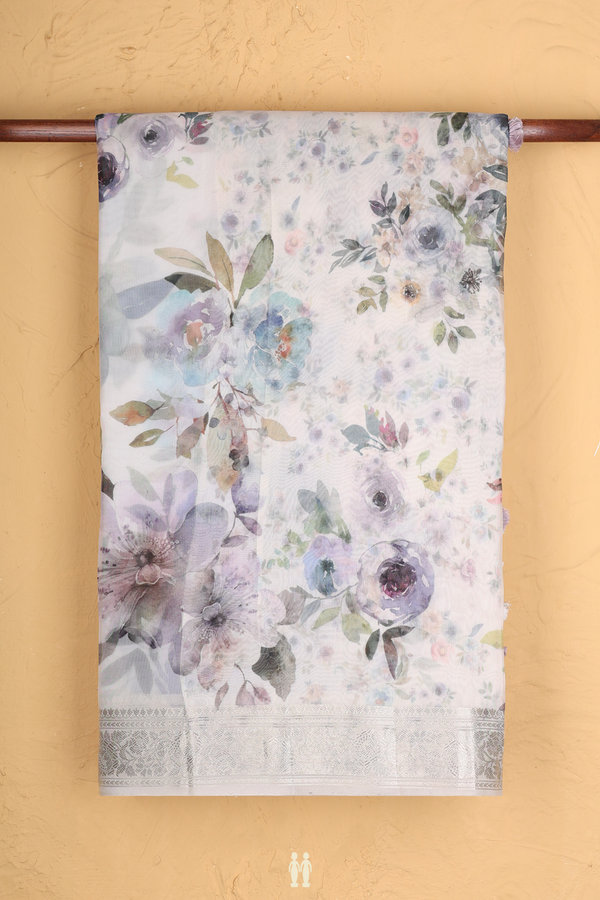 Organza Silk Saree In White With Floral Printed Design