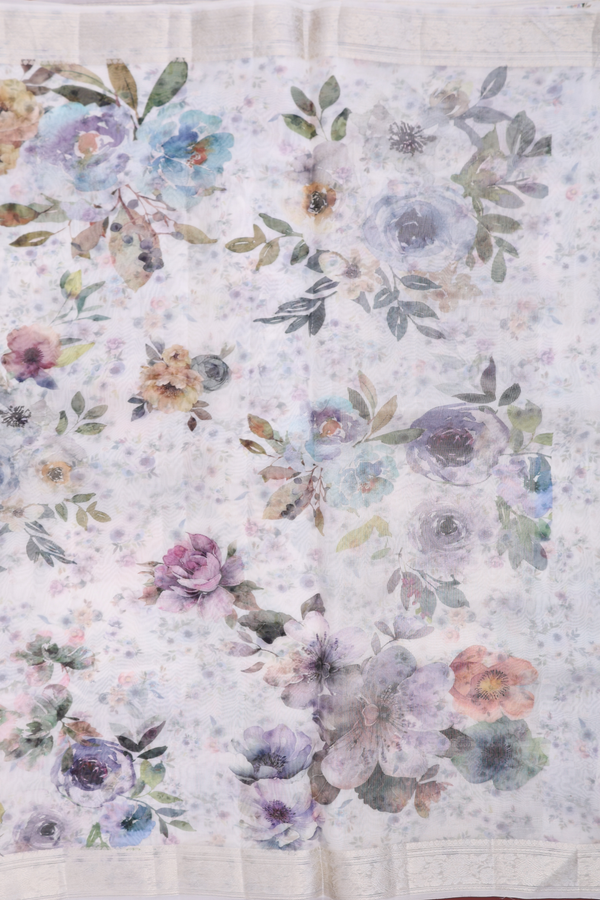 Organza Silk Saree In White With Floral Printed Design