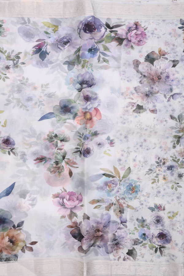 Organza Silk Saree In White With Floral Printed Design