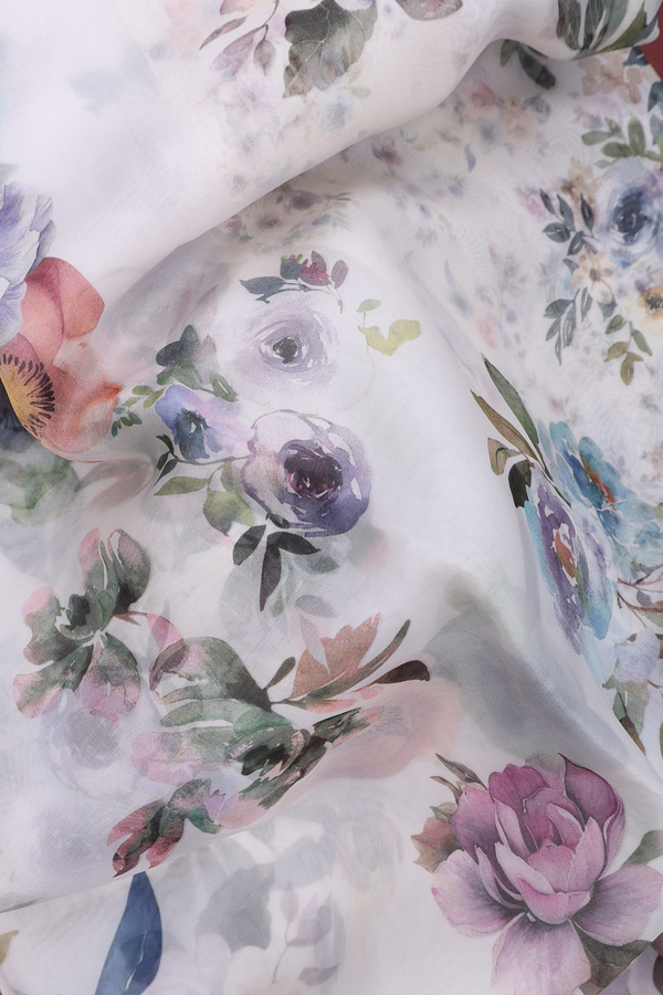 Organza Silk Saree In White With Floral Printed Design