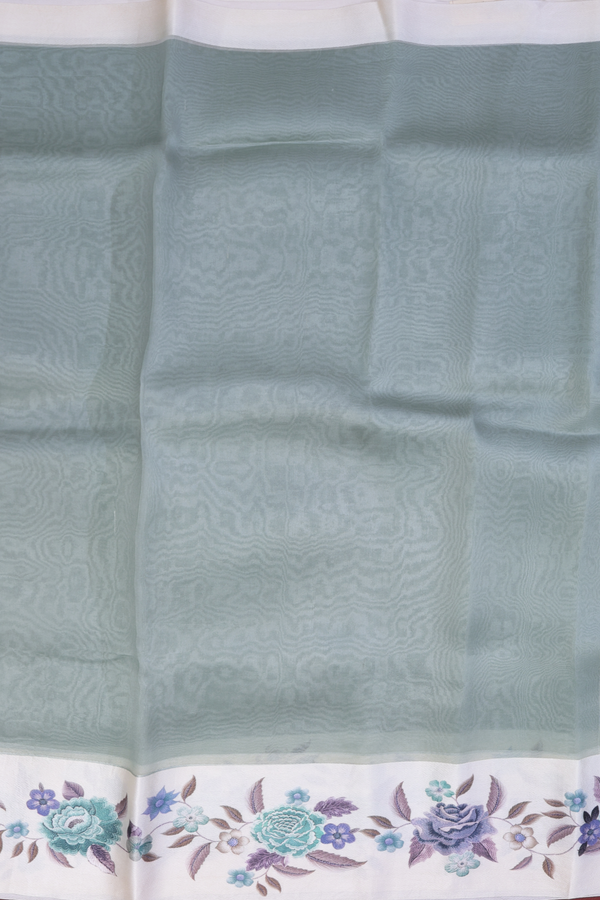 Organza Silk Saree In Green Beige With Floral Border