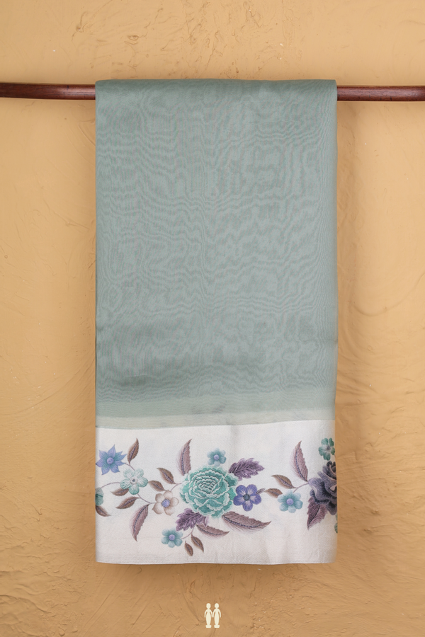 Organza Silk Saree In Green Beige With Floral Border