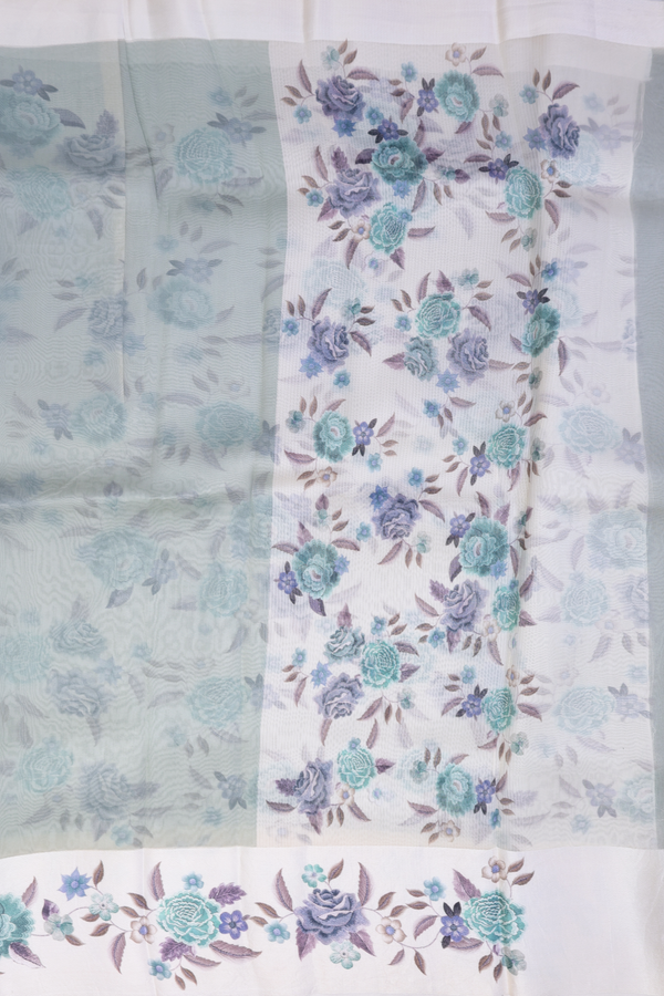 Organza Silk Saree In Green Beige With Floral Border