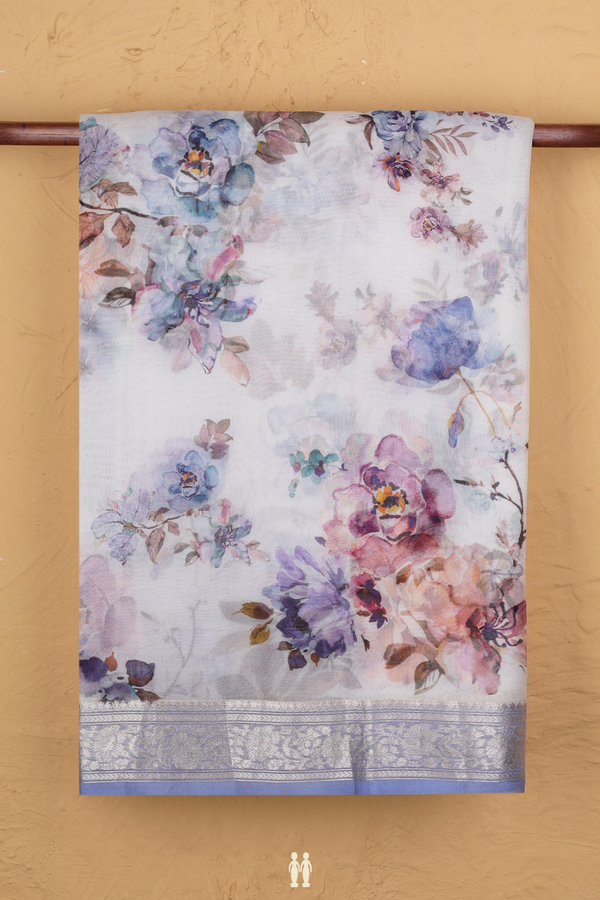 Organza Silk Saree In White With Floral Printed Design