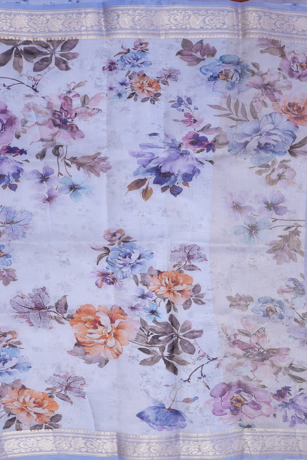 Organza Silk Saree In White With Floral Printed Design