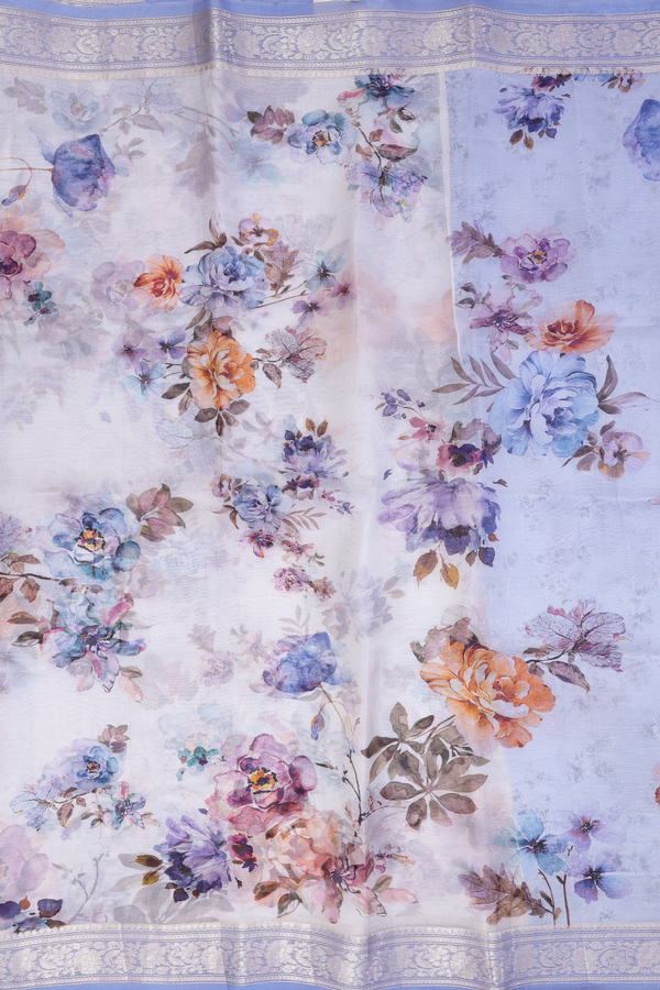 Organza Silk Saree In White With Floral Printed Design