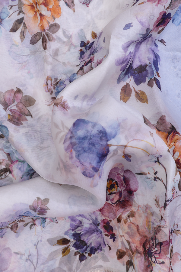 Organza Silk Saree In White With Floral Printed Design