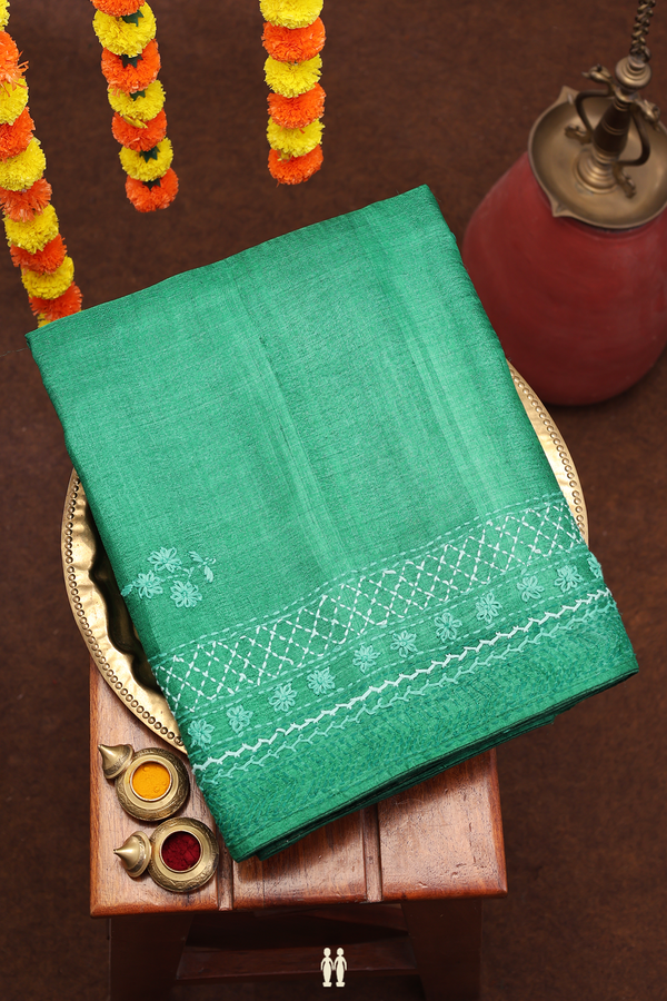 Tussar Silk Saree In Green With Floral Embroidered Buttas