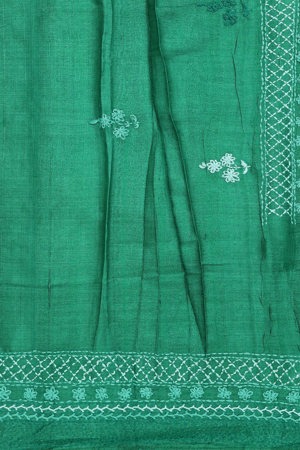Tussar Silk Saree In Green With Floral Embroidered Buttas