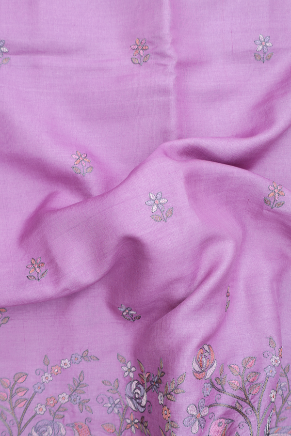 Tussar Silk Saree In Lavender With Embroidered Floral Buttas