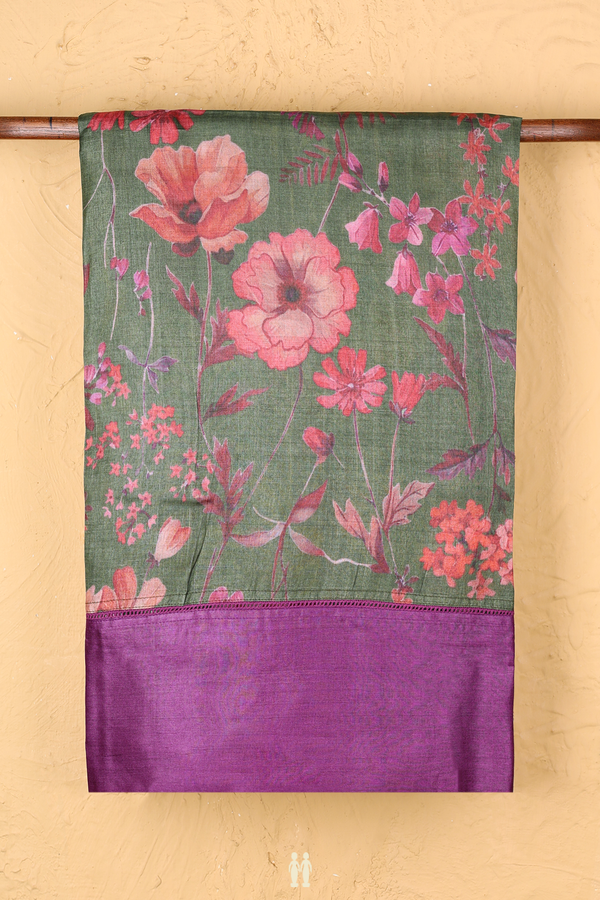 Tussar Silk Saree In Fern Green With Floral Printed Design