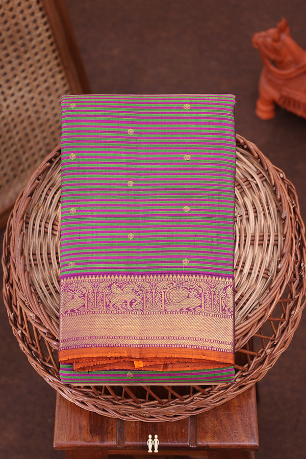 Kanchipuram Silk Saree Purple And Green With Stripes Design