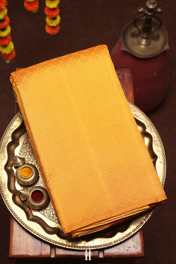 Kanchipuram Silk Saree In Saffron Yellow With Jacquard Pattern