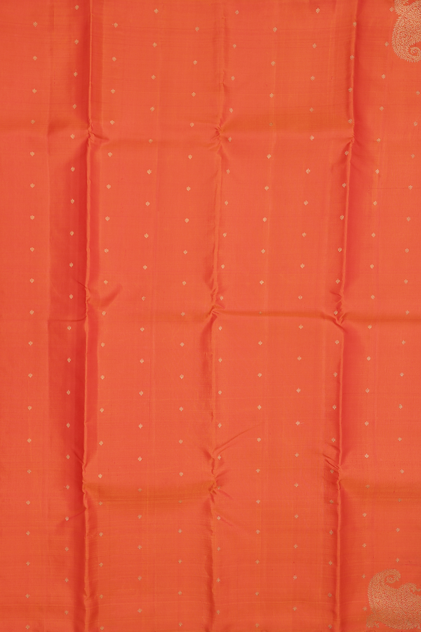 Kanchipuram Silk Saree In Bright Orange With Zari Buttis